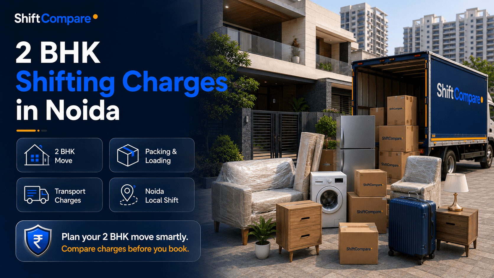 2 BHK shifting charges in Noida by family inventory, packing and high-rise access